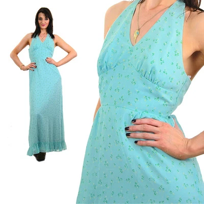 Maxi Vestido Vintage Años 70 Boho Halter Niveles Hippie Profundo V Sumergible Foto 1 de 4