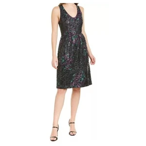 Trina Turk Fresca Midi Dress Sleeveless Sequin Black Floral Green Purple Sz 8 - Picture 1 of 7