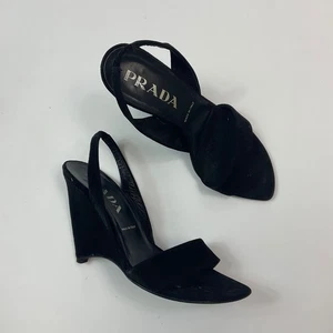 Prada Vero Cuoio Wedges Slingback Strappy Heels - Black Suede - Size 35 - UK 2.5 - Picture 1 of 16