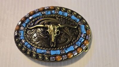 WESTERN COWBOY RODEO LONGHORN BULL SKULL Metal Belt Buckle (BRASS LOOKING)  - Image 1 of 4