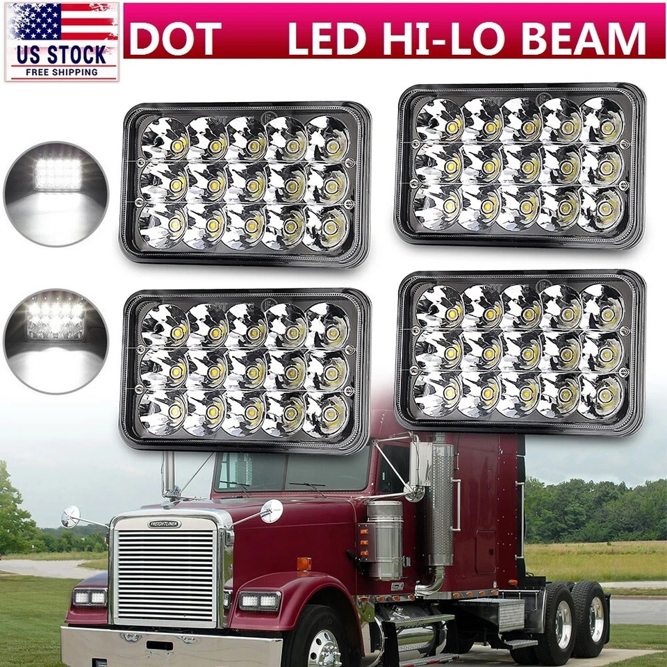 4X LED Headlights For Freightliner FLD120 FLD112 4x6'' Light Hi/Lo Sealed Black - Image 1 of 4