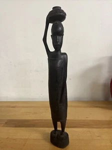 African Ethnic Carved Wood Ebony Woman Holding Basket Folk Art 13.5” Sculpture - Picture 1 of 7