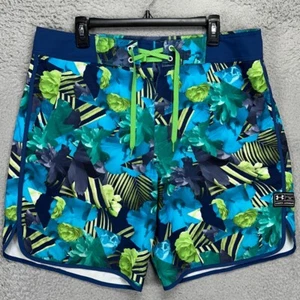 Under Armour Heat Gear Swim Trunks Mens 36 Blue Floral Drawstring Board Shorts - Picture 1 of 8