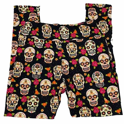 Día de Muertos Talla S/M Negro con Flores Rosas Elastizadas Leggings Pantalones • ¡¡En muy buen estado!! Foto 1 de 4