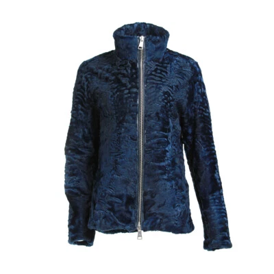 Men's Blue Swakara Lamb Biker Fur Coat - Image 1 of 4