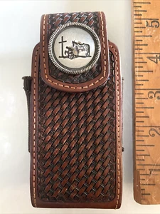 Leather Pocket Knife Belt Slip Pouch Handmade Silver Plated Tooled Basket Weave - Picture 1 of 7