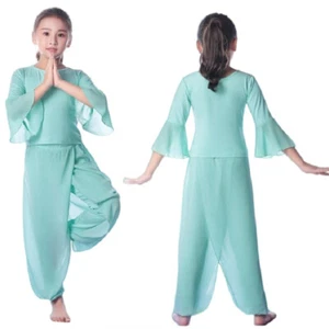 Girls 2 Piece Dance Outfits Ballet Yoga Pants Set Flared Sleeves Practice - Picture 1 of 16