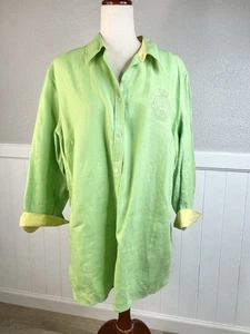 Lauren Ralph Lauren Linen Button-Down Shirt Top 2X Light Green Crest Logo Preppy - Picture 1 of 8