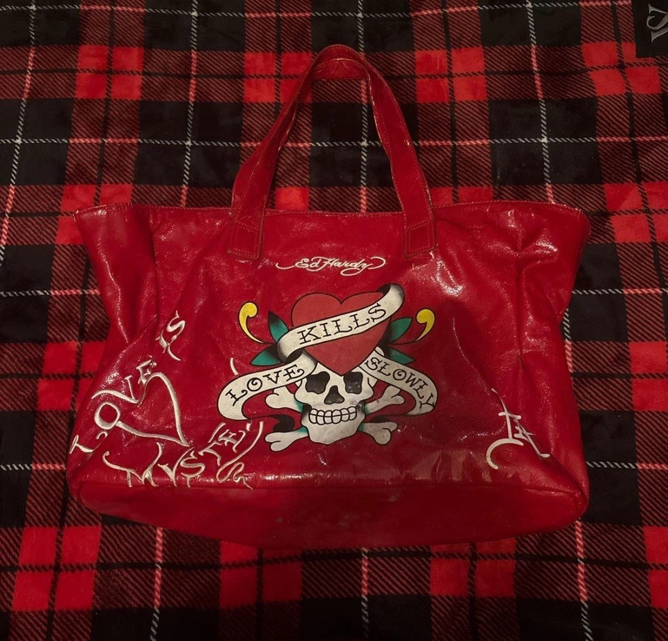 Bolsa Tote Ed Hardy Vintage Vermelha Couro Real 2004 Love Kills - Imagem 1 de 4