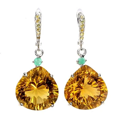 925 Sterling Silver Earrings Heart Citrine 38ct Emerald Handmade Gemstone - Image 1 of 4