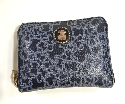 TOUS Blue Leather Zippered Wallet Bear Logo Pattern Spain Cute - Image 1 of 4