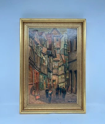 Ölbild Impressionist Altstadthäuser mit Personen Stadtbild Beckert signiert 1936 - Bild 1 von 4