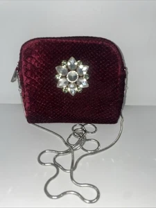 Peacock Small Burgundy Bag Velvet Long Chain Sliver Handel Size 6x5x2 - Picture 1 of 16