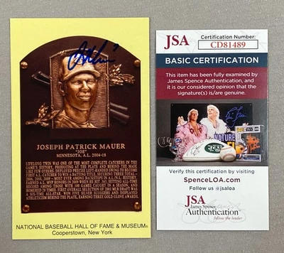 JOE MAUER AUTOGRAPH HALL OF FAME CANCELED PLAQUE POSTCARD TWINS- JSA CD81489 - Image 1 of 2