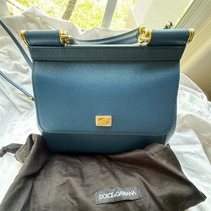 Borsa a tracolla Dolce & Gabbana Sicilia media in pelle blu con dust bag - Foto 1 di 12