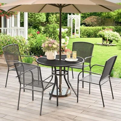 5-Piece Metal Outdoor Dining Set W/ Round Table 4 Chairs Patio Furniture Grey - Image 1 of 4