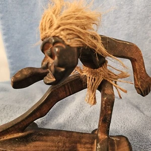 Skateboarding Tribal Carved Tiki Wooden Figurine Hawaiian Caribbean Burlap - Picture 1 of 9