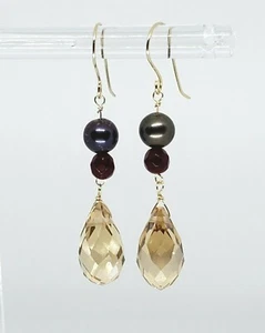 14k Yellow Gold Citrine Crystal, Garnet Freshwater Pearl Drop Dangle Earrings - Picture 1 of 4