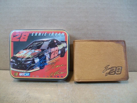 NASCAR ~ Ernie Irvan #28 ~ Brown Leather Tri-Fold Wallet in Metal Tin ~ NOS Cover
