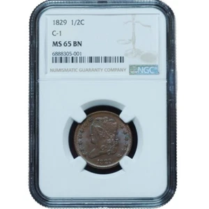 1829 Half Cent C-1 B-1, R.1 MS65 BN NGC - Incredible Gem! - Picture 1 of 5