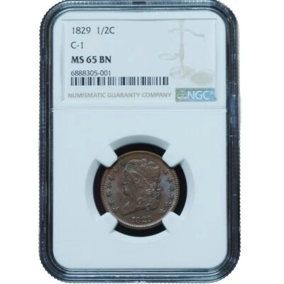 Medio centavo 1829 C-1 B-1, R.1 MS65 BN NGC - ¡Increíble gema! Foto 1 de 4