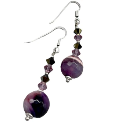 Orecchini di perle viola naturali e cristalli pendenti in argento 925 femminili. - Immagine 1 di 4