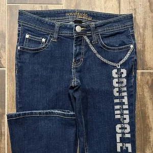 Vintage 2000s Southpole Sport Chain Dark Wash Denim Low-Waisted Blue Flare Jeans - Bild 1 von 8