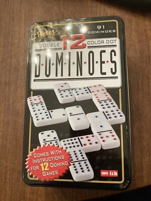 Dominoes Double 12 color dot Fundex in Tin  Box opened dominoes SEALED NO INTRU - Image 1 of 4