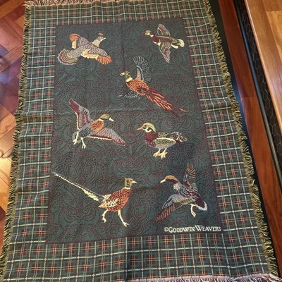 Goodwin Weavers Tapestry Plaid Game Birds Duck Pheasant Blanket Throw USA Cotton - Image 1 of 4