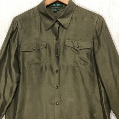 Lauren Ralph Lauren Petite 橄榄绿色丝绸纽扣衬衫 尺寸 12P — 第 1/4 张图片