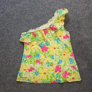 Lilly Pulitzer Top Womens Size Medium Yellow Floral One Shoulder Ruffle Preppy - Picture 1 of 8