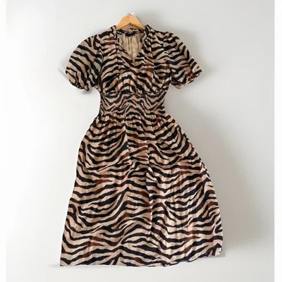 Vestido J.Crew Cintura Calada Algodón Voile Talla S Rayas Cebra Estampado Animal Puff Foto 1 de 4