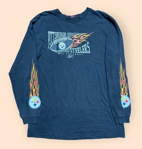 Vintage Pittsburgh Steelers Y2K T Shirt Long Sleeve Flames Small Black Vtg 2000s - Picture 1 of 6