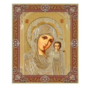 Virgin of Kazan Gold Foil Wooden Icon 3 inch, Gold foil Cross on the Back Side - Picture 1 of 2