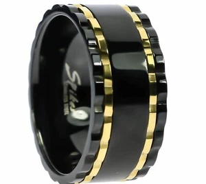 Black Open Gear Worry Spinner Men's Ring Stainless Steel gold overlay Size 9 T84 - Picture 1 of 1