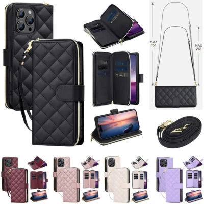 Luxury Crossbody Leather Wallet Cover Case for 6 7 8 SE XR 11 12 13 14 15 16 - Image 1 of 4