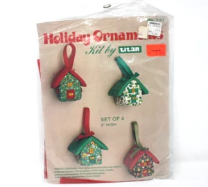 vintage 1981 4 Holiday 3" Ornaments TITAN felt kit cabins houses flowers bird - Picture 1 of 1