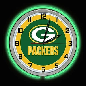 Green Bay Packers 19" Green Double Neon Clock Man Cave Game Room Bar Football - Picture 1 of 2