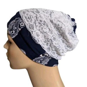 Paisley And White Lace Gathered Slouch Cap Beanie Alopecia Winter Hat Hair Loss - Picture 1 of 3
