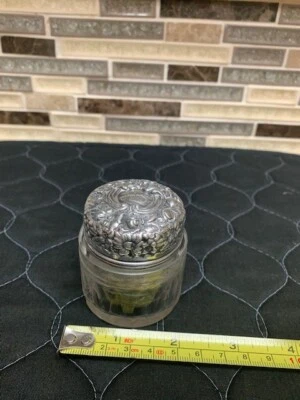 Antiguo frasco de tocador con monograma de vidrio corte tapa de plata esterlina marcado Gorham Foto 1 de 4