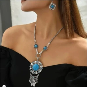 Bohemian Style Imitation Turquoise Pendant Necklace & Earrings Set - Picture 1 of 3