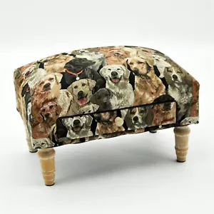 Footstool with Storage Drawer Dogs Print Fabric Footrest Ottoman Home Furniture - Picture 1 of 6