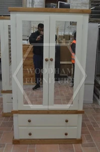 HANDMADE COUNTRY DOUBLE MIRRORED WARDROBE IVORY / LIGHT OAK WAX (NOT FLATPACKED) - Picture 1 of 14
