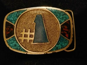 Fibbia per cintura vintage in metallo "#1" ovale turchese argento sud-occidentale 3" x 2" - Foto 1 di 2