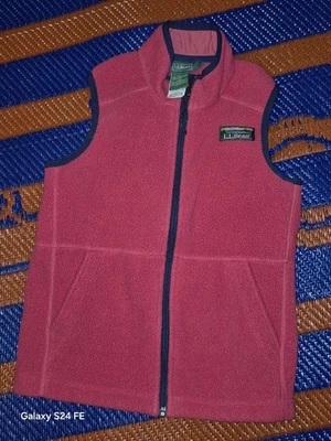 LL BEAN  Pink Navy Blue Trim Fleece Vest Girls SMALL  8 - Image 1 of 4