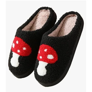 Mushroom & Black Fluffy Warm Fleece Indoor Cozy Non-Slip Slippers Size 7.5-8 - Picture 1 of 6