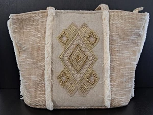 Antik Kraft große Boho Beuteltasche Tasche mit Perlen, Baumwolle + Jute Resort Strand Reise Handtasche - Bild 1 von 13
