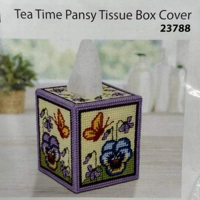 Mary Maxim Tissue Box Cover Plastic Canvas Kit Tea Time Pansy Butterfly 23788 - Image 1 of 4