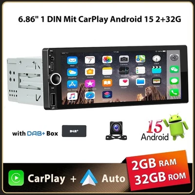 DAB+ 6.86" 1 DIN Android 15 Mit Carplay GPS NAVI RDS WIFI BT KAM 2+32G Autoradio - Bild 1 von 4