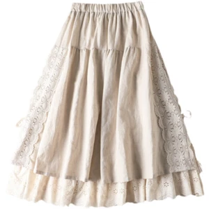 Women Maxi Skirt Embroidery Lace Elastic Waist A-line Ethnic Floral Retro - Picture 1 of 14